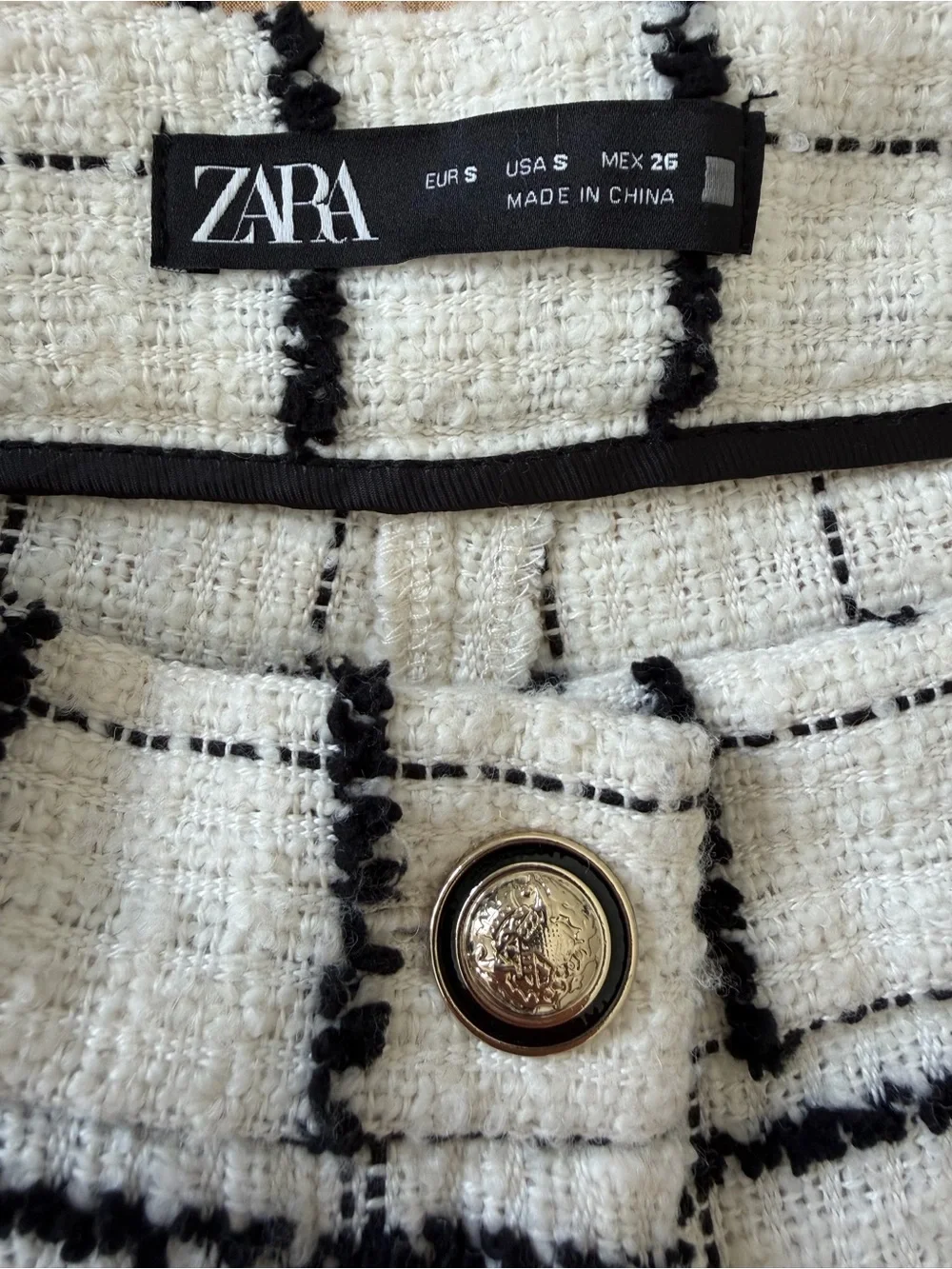 Zara High Waisted Tweed Check Bermuda Shorts Wool Blend Ivory Black S